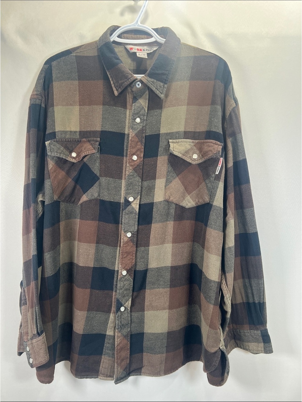 Work King Brown Plaid Flannel Button Up Shirt - Men's XL